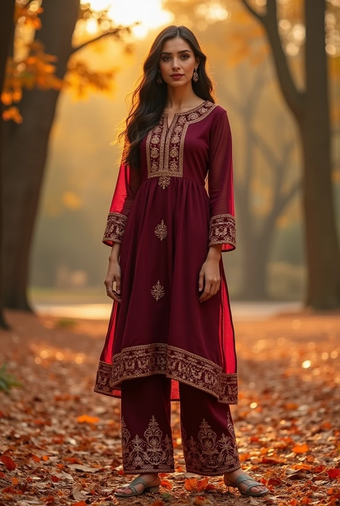 A woman wear a wine colour woolen kurti on gold Printed design and wine p.js on gold print on toe side