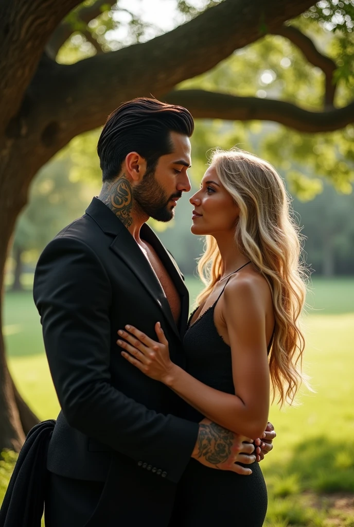 A 35-year-old man with black hair, well-built, beautiful, tanned skin, marked features, square jaw, with some tattoos on his neck dressed in a black suit. The man is carrying in his arms a 20-year-old woman, blonde with golden eyes and her hair cascading down, they are looking at each other face to face with passion under the shade of a tree