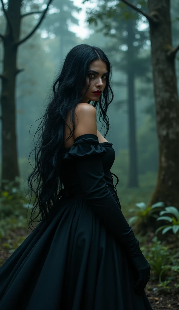 dark lady! beautiful woman in black clothes! {{big boobies}} very big boobs, yellow  eyes, Bblack hair, red lipgloss stick! Scenario of a forest
