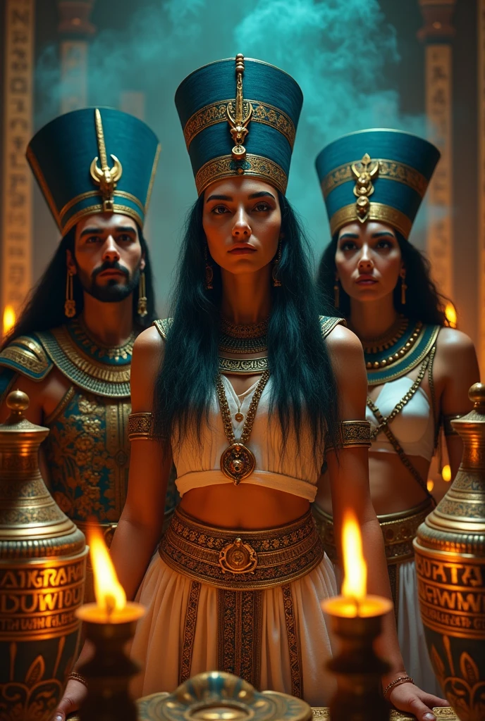 Create an image with Cleopatra's photo, alexande or great and nefertiti, mysterious tone, with a tomb, high qualiy, high resolution, cover for youtube and tiktok videos