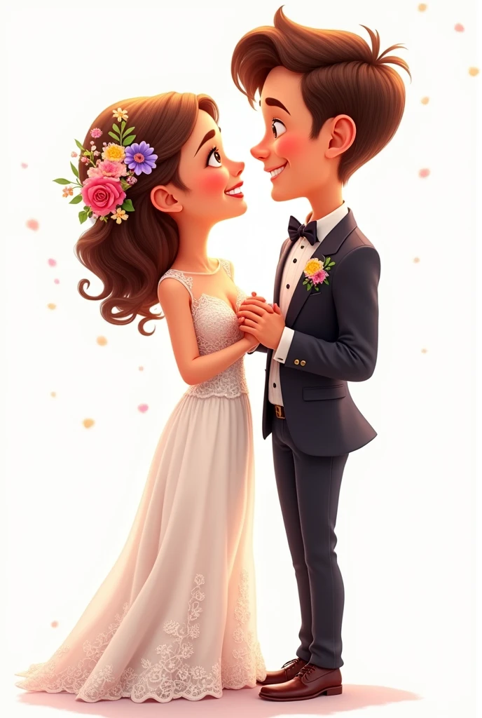 groom and bride at their wedding pixar style white background