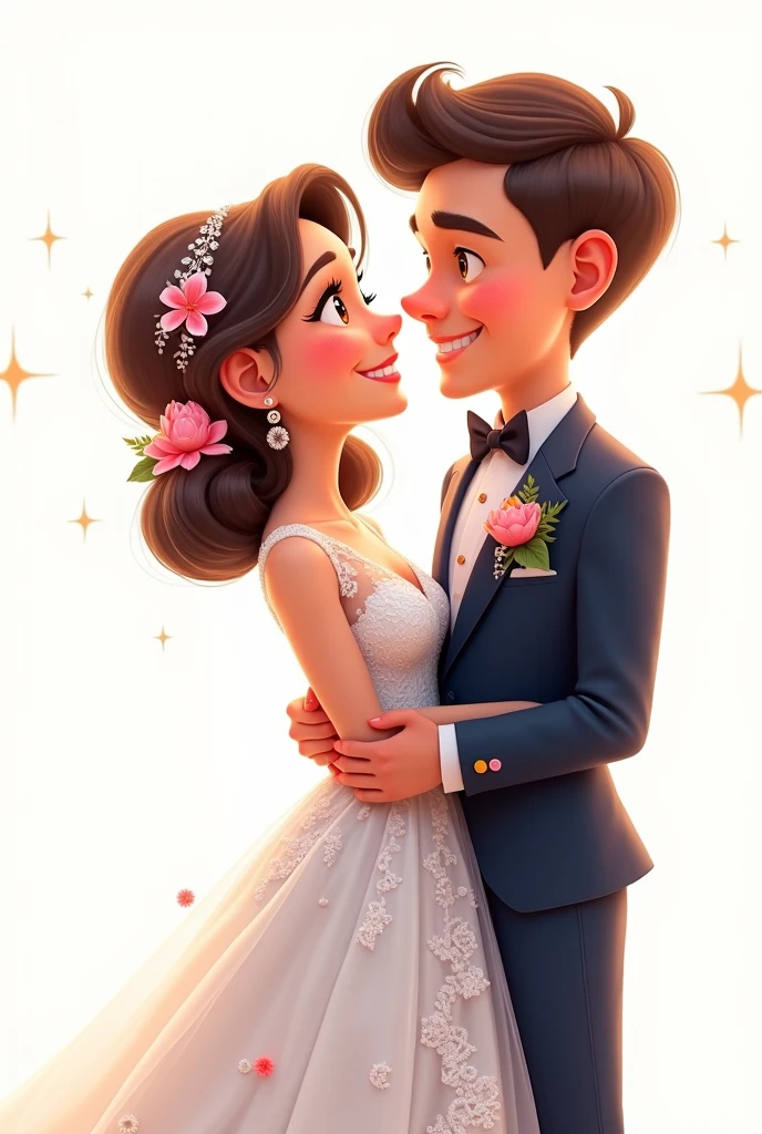 groom and bride at their wedding pixar style white background