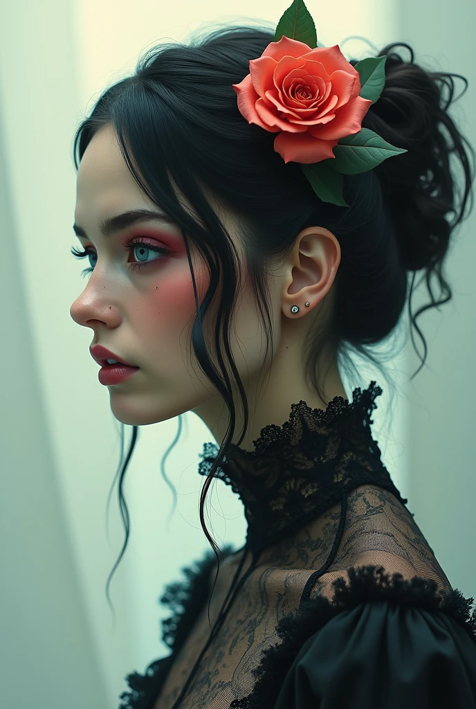 (Photorealism:1.1) goddess of the underworld, half-turn portrait, Close-up, Blue eyes, pale skin, no blush on the face, black hair color, high detail portrait, high lace collar, neon lighting, without double exposure, no flowers in hair, European facial features