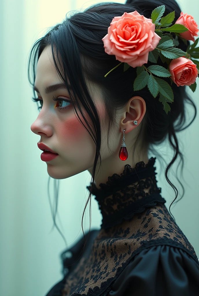 (Photorealism:1.1) goddess of the underworld, half-turn portrait, Close-up, Blue eyes, pale skin, no blush on the face, black hair color, high detail portrait, high lace collar, neon lighting, without double exposure, no flowers in hair, European facial features