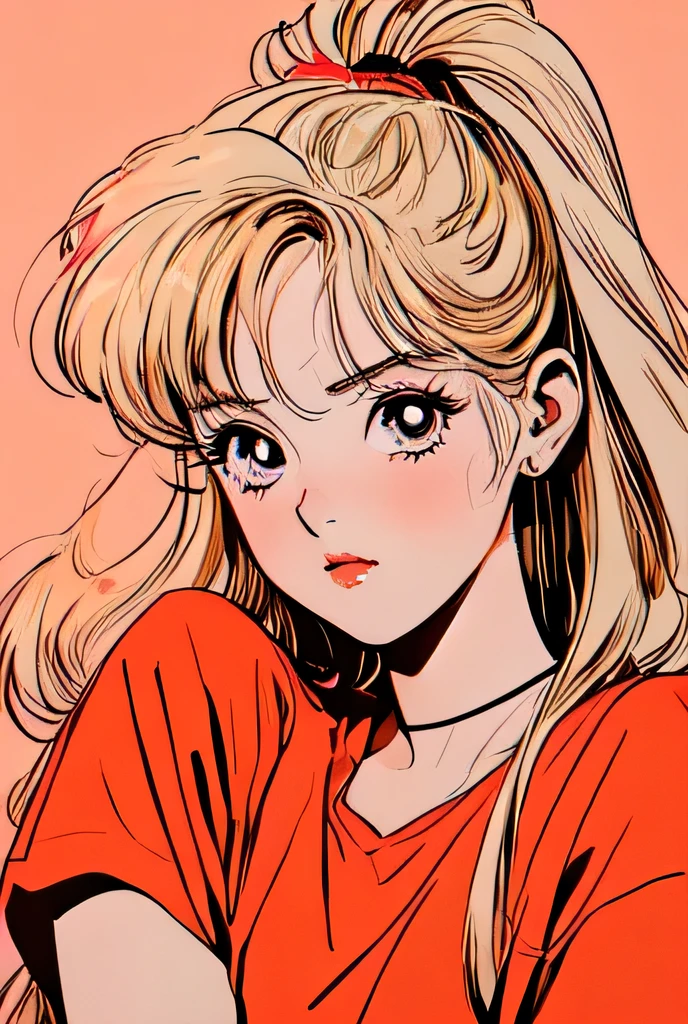 a beautiful anime girl with long blonde hair and a red bow, wearing a orange shirt, (best quality,4k,8k,highres,masterpiece:1.2),ultra-detailed,(realistic,photorealistic,photo-realistic:1.37),retro anime style, 80s anime art, beautiful detailed eyes,beautiful detailed lips,extremely detailed eyes and face,longeyelashes,detailed anime portrait,intricate details,vivid colors,warm lighting,cinematic composition