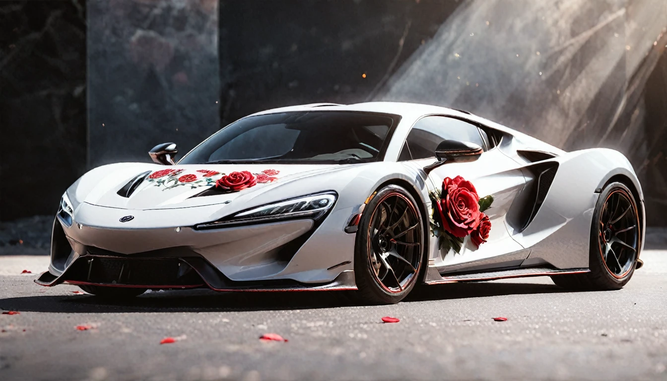 a picture of a (white sports car: 1.4) with (roses: 1.5) imprints on it, dynamic background, Ultra-high resolution, High Contrast, (masterpiece:1.5), highest quality, Best aesthetics), best details, best quality, highres, 16k, (ultra detailed: 1.5), masterpiece, best quality, (extremely detailed) RAW, (ultra details, Masterpiece, best quality), Cinematic Hollywood Film, NRART