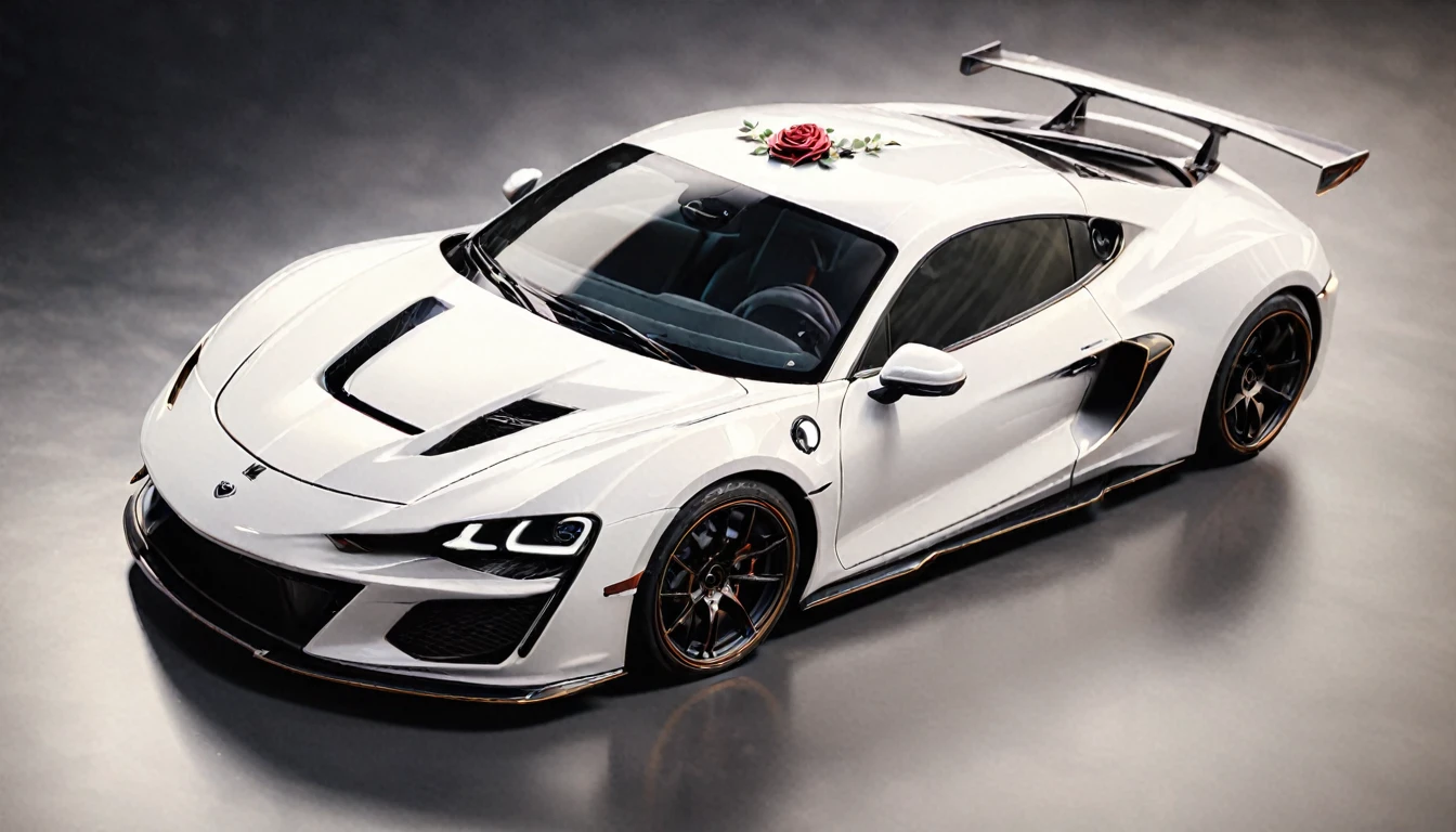 a picture of a (white sports car: 1.4) with (roses: 1.5) imprints on it, dynamic background, Ultra-high resolution, High Contrast, (masterpiece:1.5), highest quality, Best aesthetics), best details, best quality, highres, 16k, (ultra detailed: 1.5), masterpiece, best quality, (extremely detailed) RAW, (ultra details, Masterpiece, best quality), Cinematic Hollywood Film, NRART