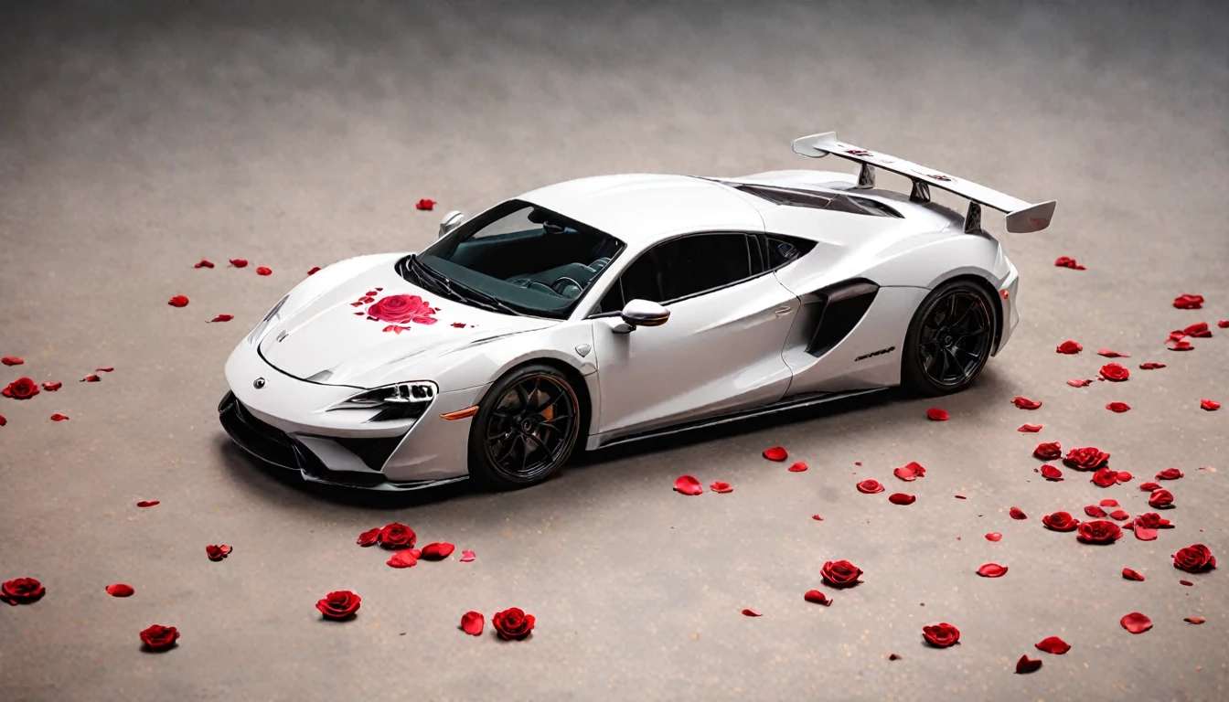a picture of a (white sports car: 1.4) with (roses: 1.5) imprints on it, dynamic background, Ultra-high resolution, High Contrast, (masterpiece:1.5), highest quality, Best aesthetics), best details, best quality, highres, 16k, (ultra detailed: 1.5), masterpiece, best quality, (extremely detailed) RAW, (ultra details, Masterpiece, best quality), Cinematic Hollywood Film, NRART