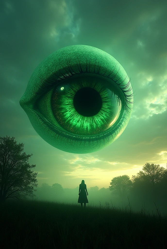 giant green alien eye, that floats and converses telepathically, realistic photo