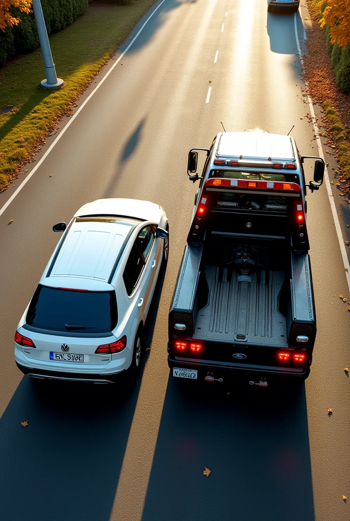 Two cars on the road, the first a white Volkswagen Saveiro Cross, the second a Ford F350 pickup truck used as a tow truck on a double lane. approaching a traffic light. The first car is in the left lane and the second car is in the right lane. The first car attempted to move to the right lane and collided with the pickup truck. Showing angle looking from above back. Camera looking from above, rear part of the vehicles.