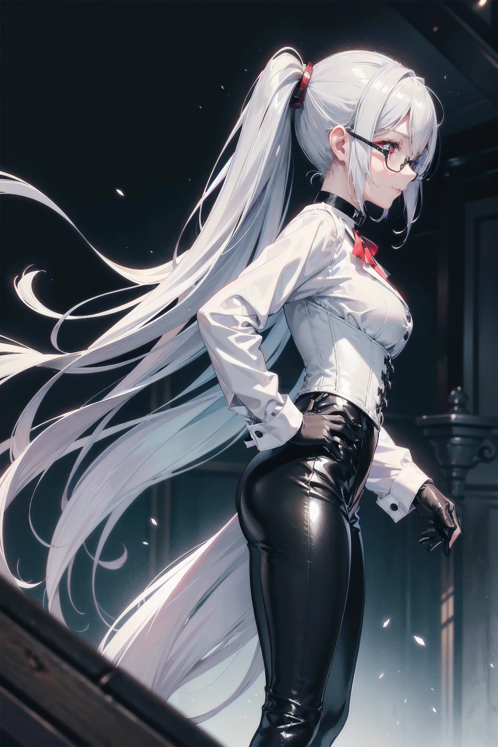 masterpiece, Superior image quality, High resolution, 4k image,Photo and gross, photorealistic, 1 young girl of 18 years old, side view, profile view, standing, looking at the viewer, {Alone},{{{vagina}}}, beautiful face, long silver hair, scarlet red eyes, very detailed eyes, shy expression, draw a shy smile, glasses choker:1.6, (white collar button down shirt white long sleeve), black gloves, gloves covering the hands, (black leather corset), (shiny black leggings), (black leather boots), sensual lips , show details in the eyes, Dark forest, at night, atmosphere, fog