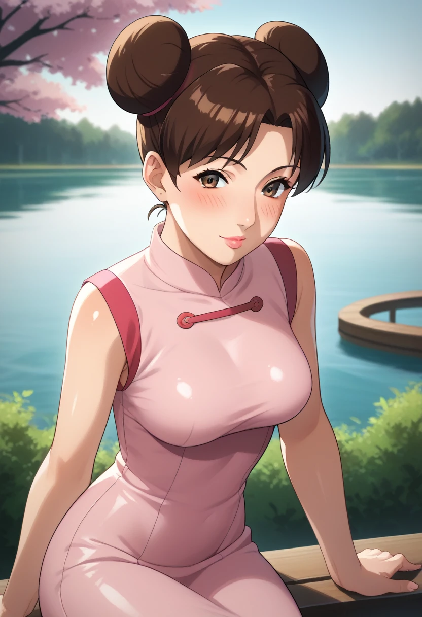 score_9,score_8_up,score_7_up,score_6_up,score_5_up,score_4_up BREAK skinny, medium breasts ,shiny skin,bokeh,bloom,light particles, outdoors, river,1girl, clear eyes, Tenten, brown hair with two buns, brown eyes, medium lips, pink lips, mature female, ((perfect model body)), blush, ((pink Chinese tight dress)), seductive pose, sitting on the bench and touching lips