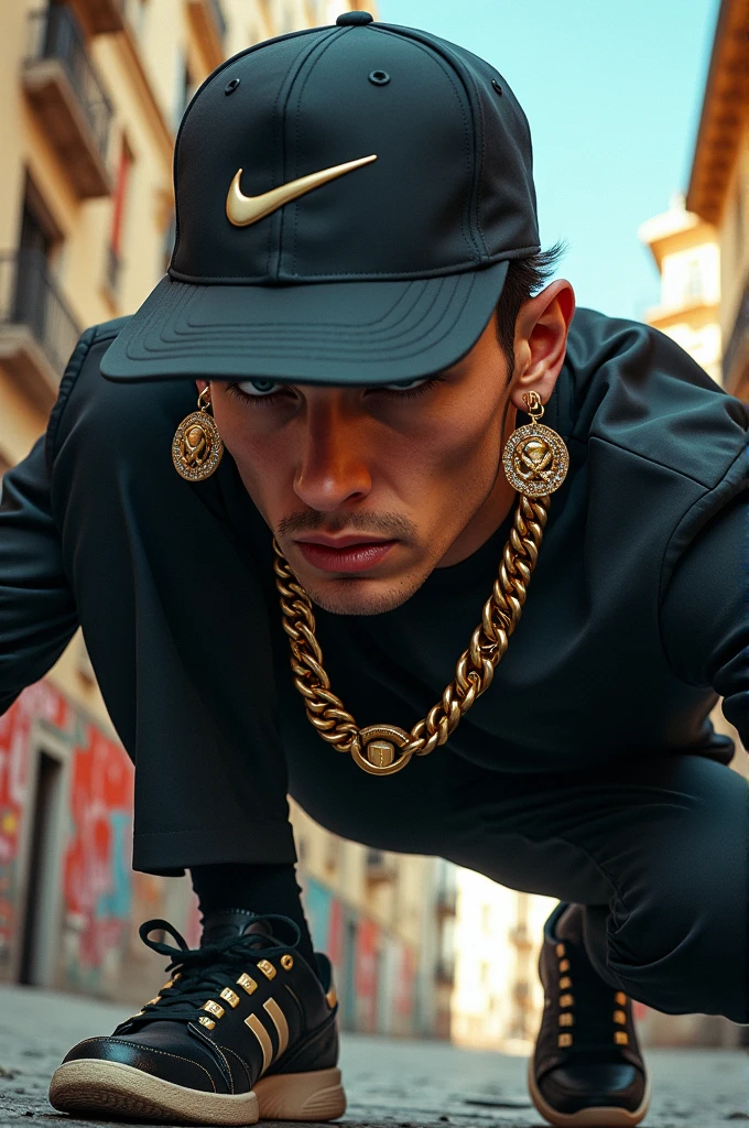 Adolfo Hikler wearing a Nike cap, Adidas sneakers, gold chains, and earrings