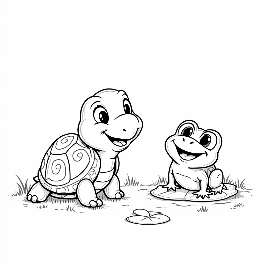 turtle and frog talking happily. line drawing style for children's coloring on white background