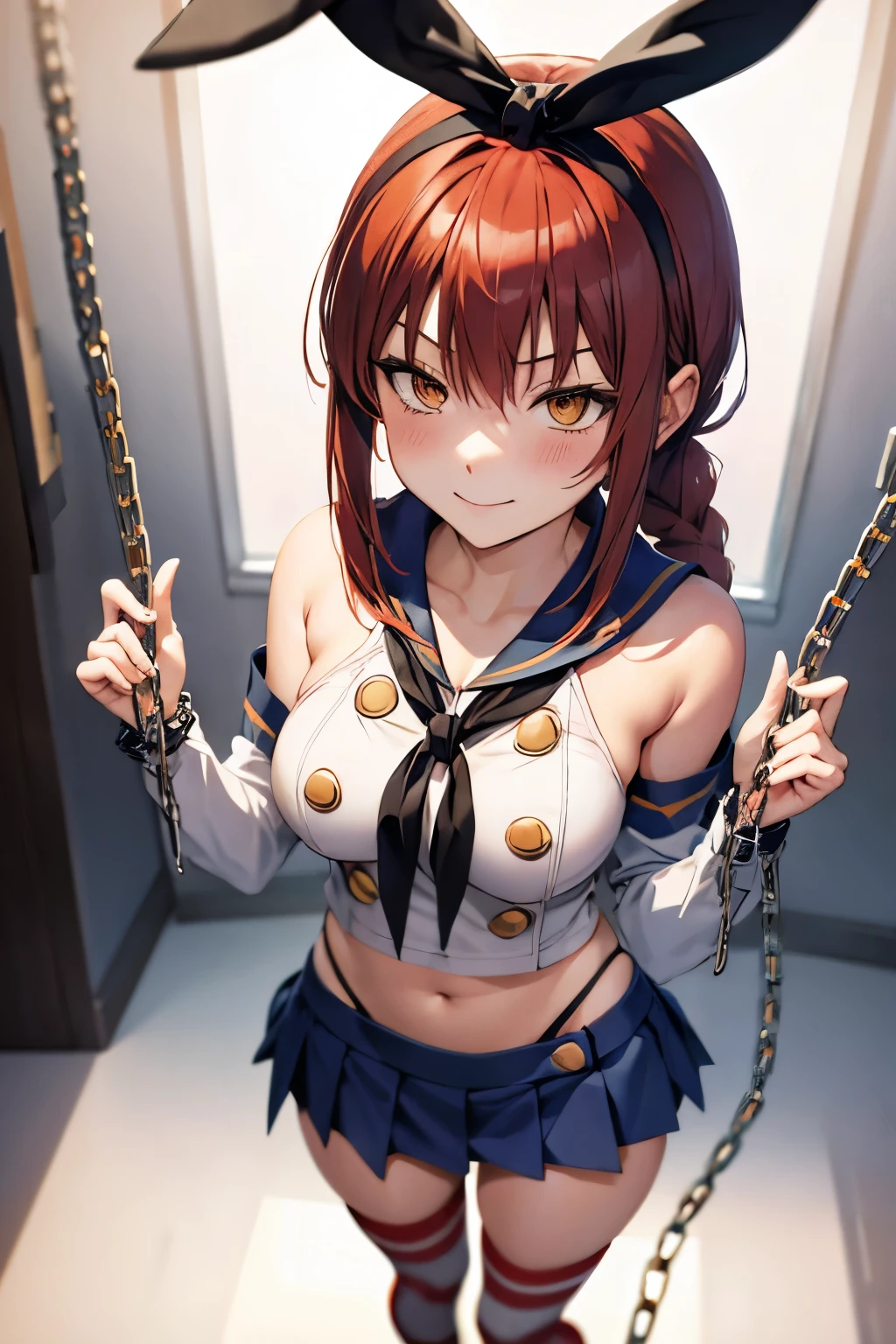 Anime style , makima , red  hair ,braided , angry smile, blush ,  medium breasts , Shimakaze Cosplay  mini-skirt  , standing , chains