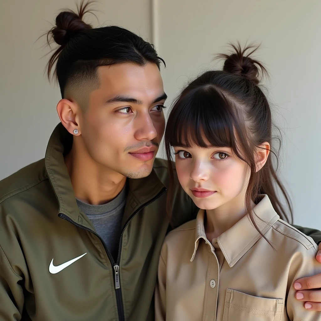 A guy with low taper fade haircut, Nike jacket
A girl with tied up hair and bangs, beige shirt