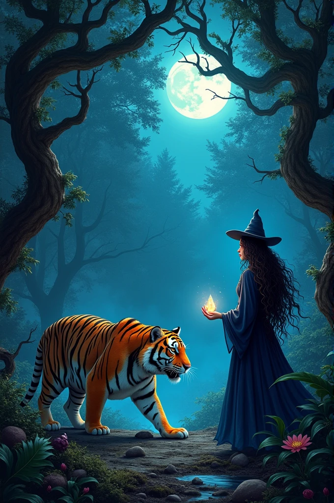 A haunted jungle with a tiger and a witch who were looking for a gem illustrated image