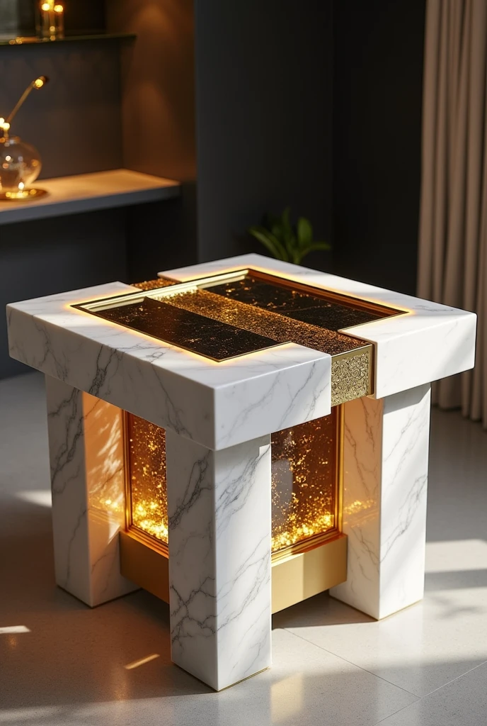 A small square table with four legs made of white marble natural stone. The sides are made of marble, and in the middle of the table there is an empty space filled with blackish transparent glass, surrounded by elegant golden frames.. Inside the table, there is warm gold LED lighting, creating an attractive glow that reflects through the dark glass and gold frames.. The top of the table is covered with blackish clear glass for a modern and luxurious touch, making it an ideal piece for a guest lounge.