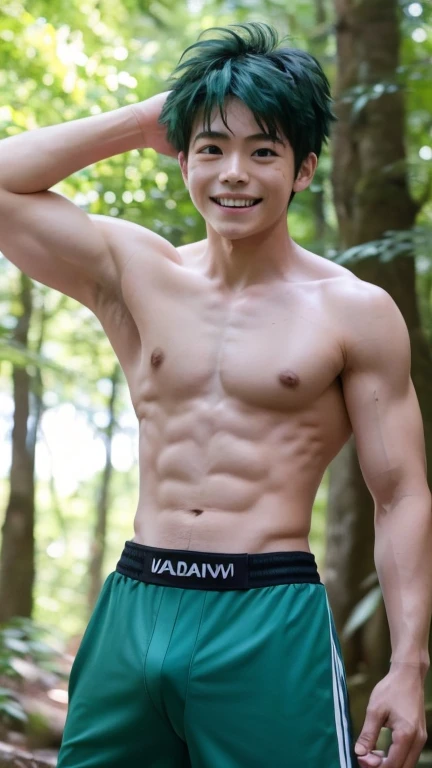 Japanese men、、Well-developed muscles and smooth skin、Fluffy, voluminous, bright green hair、Thin yellow boxer briefs、You can see the whole body from head to toe.、Smiling softly and friendly、Hero Academy、Manly posing in the forest
