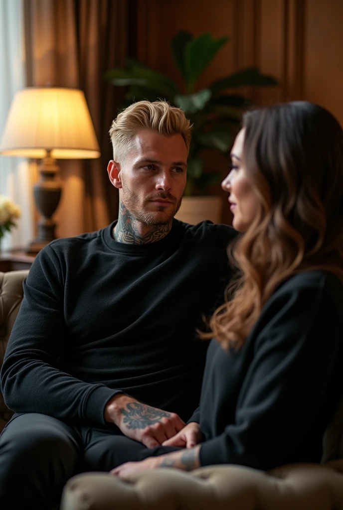 33-year-old blond young man, With reading glasses, well-built, beautiful, marked features, square jaw, with some tattoos on his neck wearing a black cashmere sweater. The man is sitting on the elegant sofa with a 33-year-old woman, with brown eyes and his brown hair cascading very elegant and beautiful.