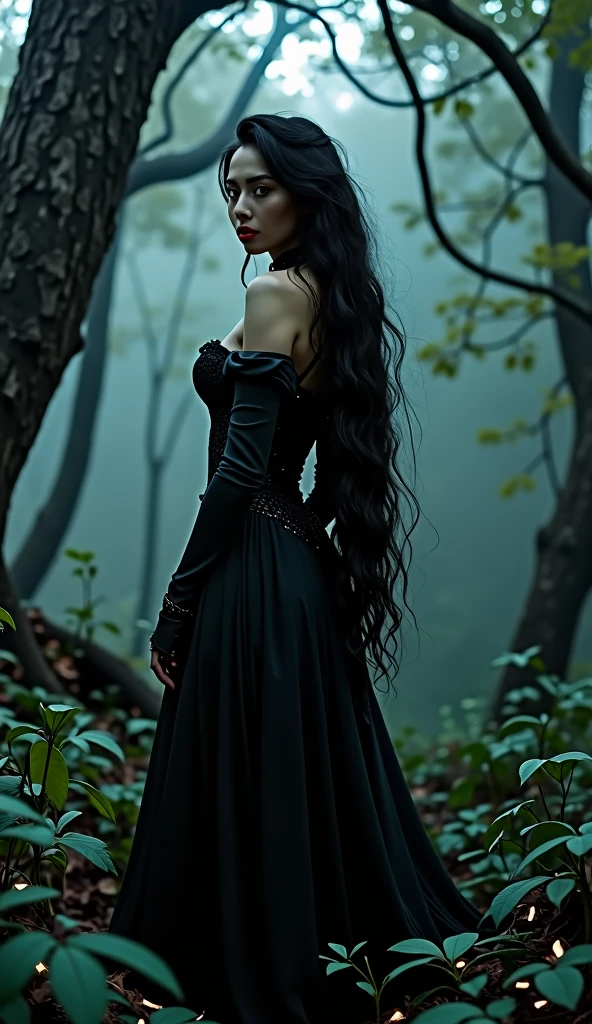 Nyxara is an imposing figure, Tall and slender, with a dark and penetrating beauty. Her moon-pale skin contrasts with her jet-black hair., that cascades down her back like an ebony river. his eyes, the color of the deepest night, They shine with an intensity that can both fascinate and frighten.. Despite its beauty, Nyxara exudes an aura of power and mystery that makes her intimidating.. His personality is complex and enigmatic, Combining ruthless cruelty with deep wisdom and innate understanding 