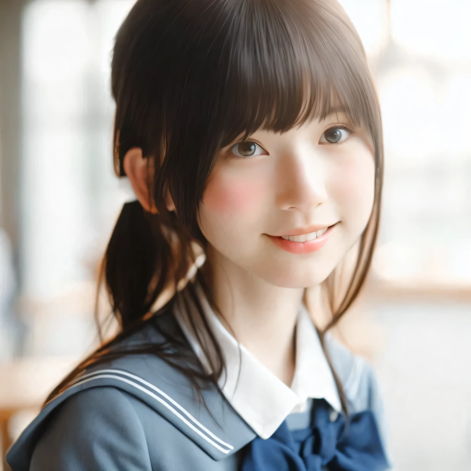 Highest quality, Face Focus, Soft Light, Ultra-high resolution, (Realistic:1.4), RAW Photos, One of the Japan, alone, cute, (pupil, light in your eyes), Beautiful face in every detail, (Small Box),(High resolution detail of human skin texture), (Medium-long hair),In the classroom , Wearing a high school uniform, (Portraiture),smile
