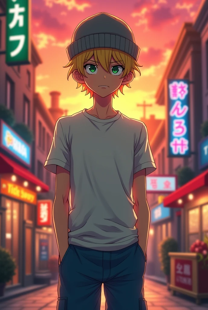 Tall guy with a sour face, blond hair, but covered by his gray hat, and his eyes are green, wear casual clothes. anime style.