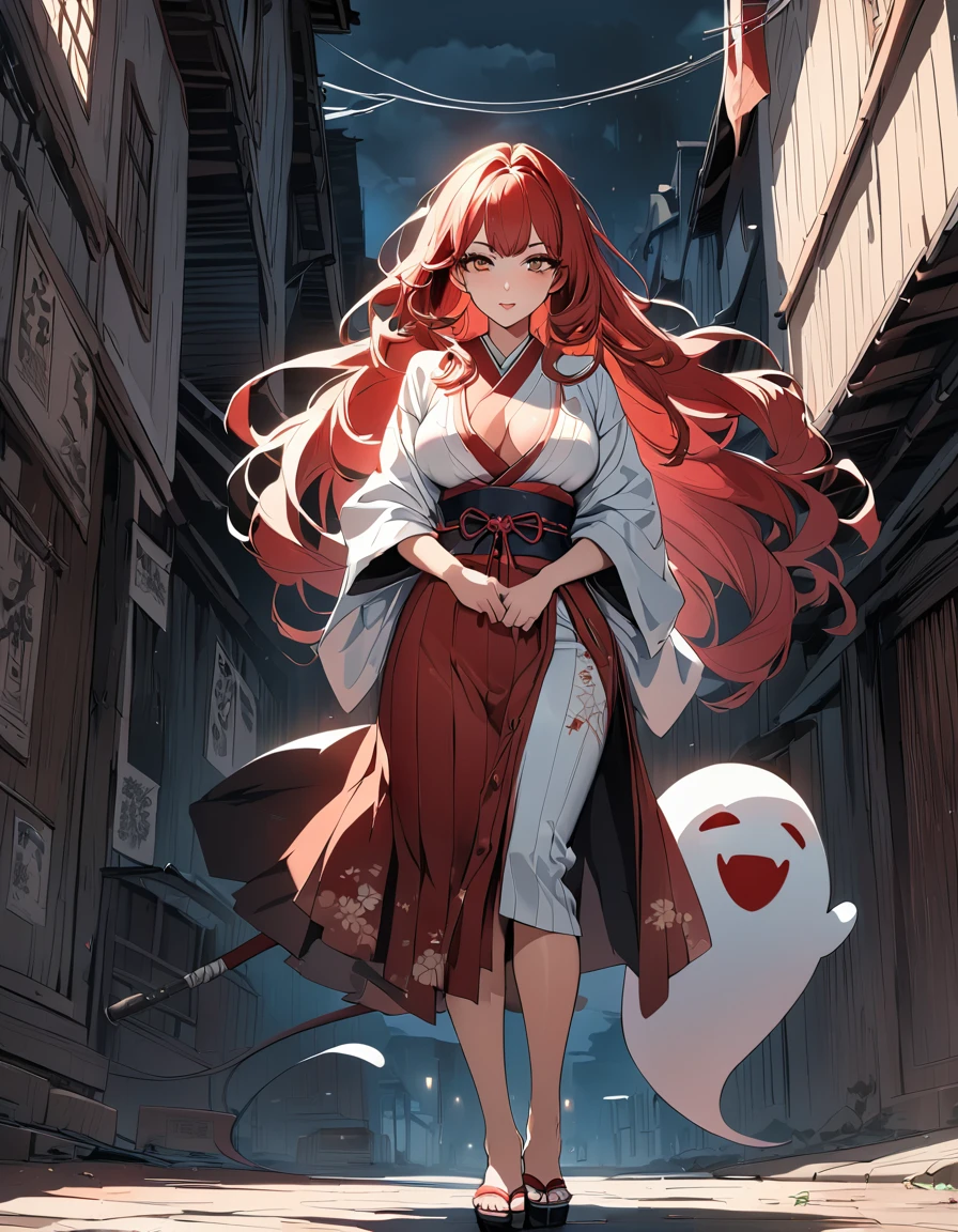 a mature woman, long hair, white and red hair, japanese clothing, ghost tail, full body shot, standing, woman enemy behind her, intention to kill, enemy in air, tail holding enemy up, bloody, tail going through the enemies chest, 2 characters, detailed anime style, (best quality,4k,8k,highres,masterpiece:1.2),ultra-detailed,dynamic composition,beautiful detailed eyes,beautiful detailed lips,extremely detailed eyes and face,long eyelashes,dark and gritty atmosphere,cinematic lighting,highly saturated colors,dramatic shadows, shot straight
