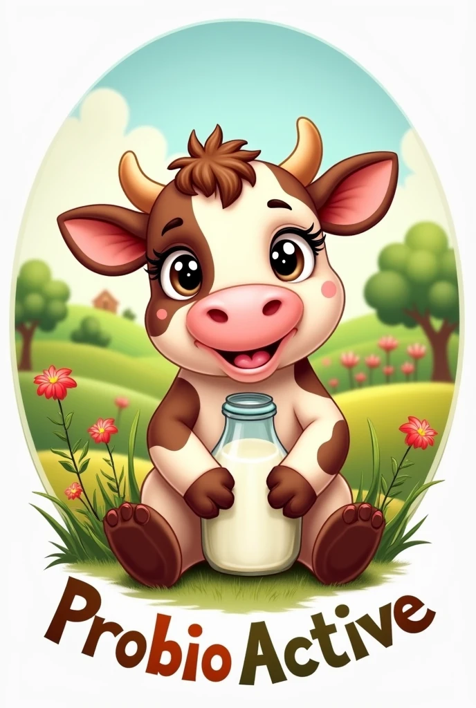 a tender cow sitting animated drawn with a bottle of milk and with long eyelashes. The image should be round. Below, increase the word ProbioActive