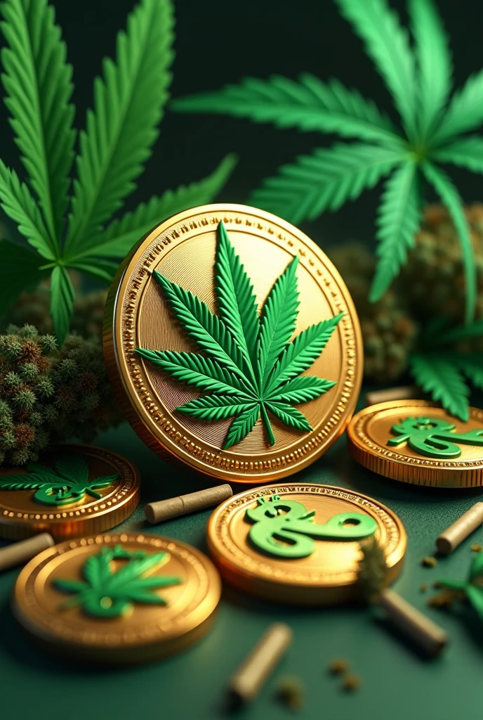 Create a 3d image of airdrop coin write weed on solana on the image,dollar sign,coins,weed cigarettes,use 640x360 as dimension.