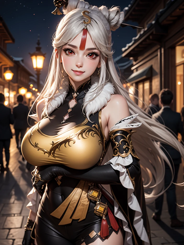 Masterpiece, high quality, 8k,detailed body, ultra detailed, detailed face, standing, blush, bright eye, outdoors, (detail face), ningguangdef, (gigantic breasts),(night), half body, smile,