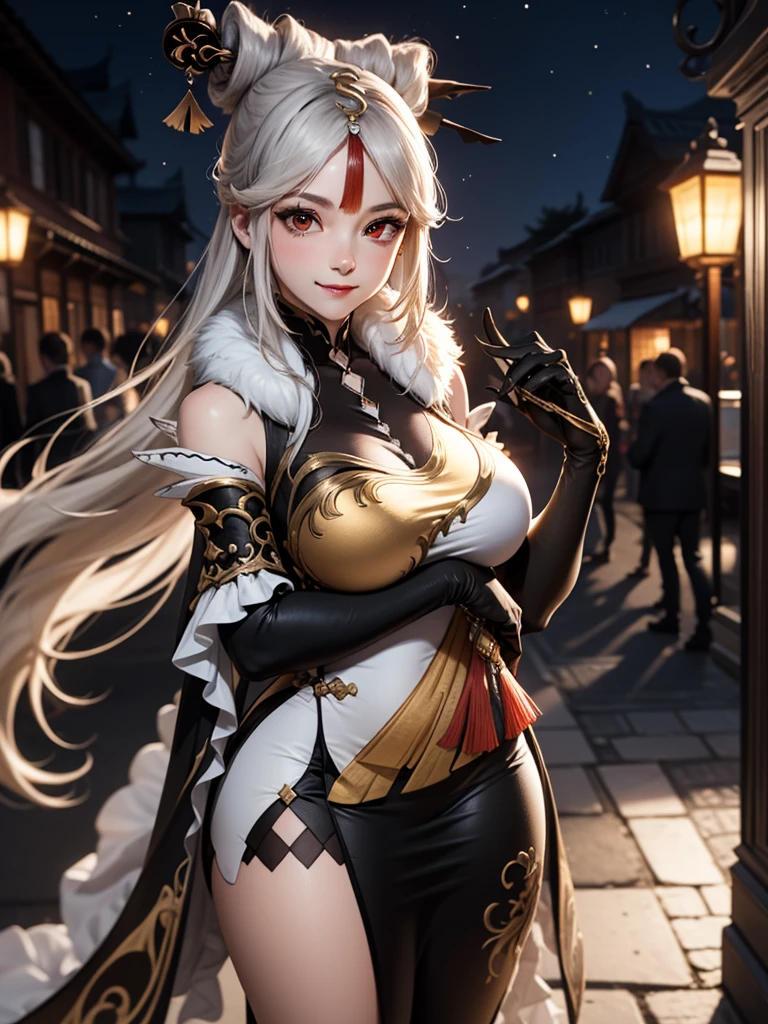 Masterpiece, high quality, 8k,detailed body, ultra detailed, detailed face, standing, blush, bright eye, outdoors, (detail face), ningguangdef, (gigantic breasts),(night), half body, smile,