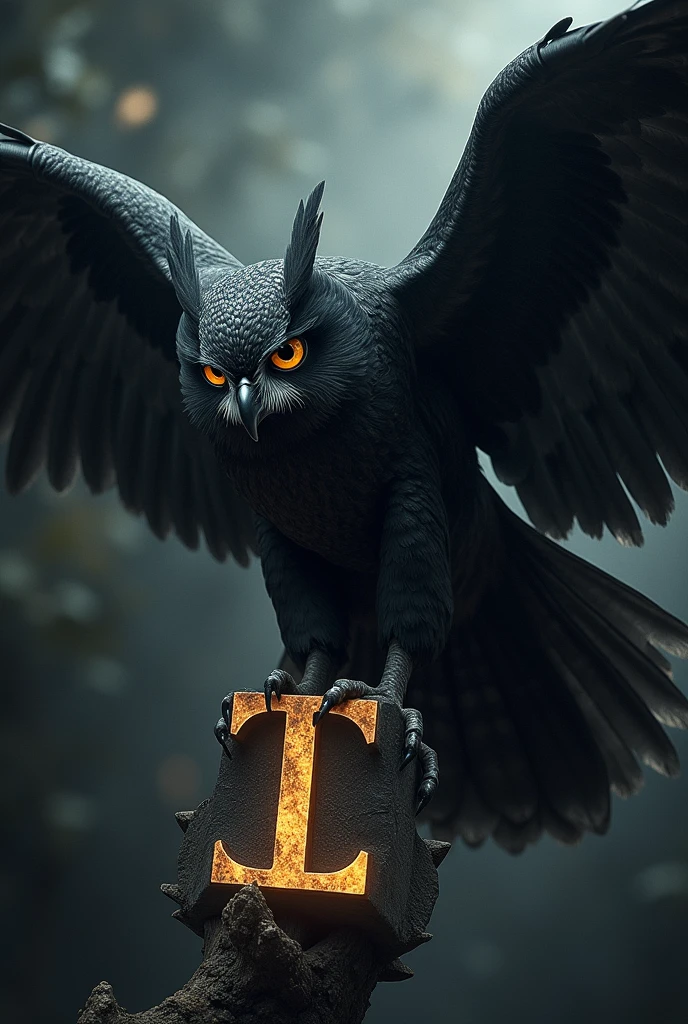 Create a dark owl, with black feathers and piercing eyes, landing on the symbol (φ) greek. The symbol of philosophy, in a cold, metallic tone, stands out as the background. The owl is positioned with its claws firmly attached to the symbol, and its wings are partially open, giving a sense of majesty and mystery. An image for a tattoo.