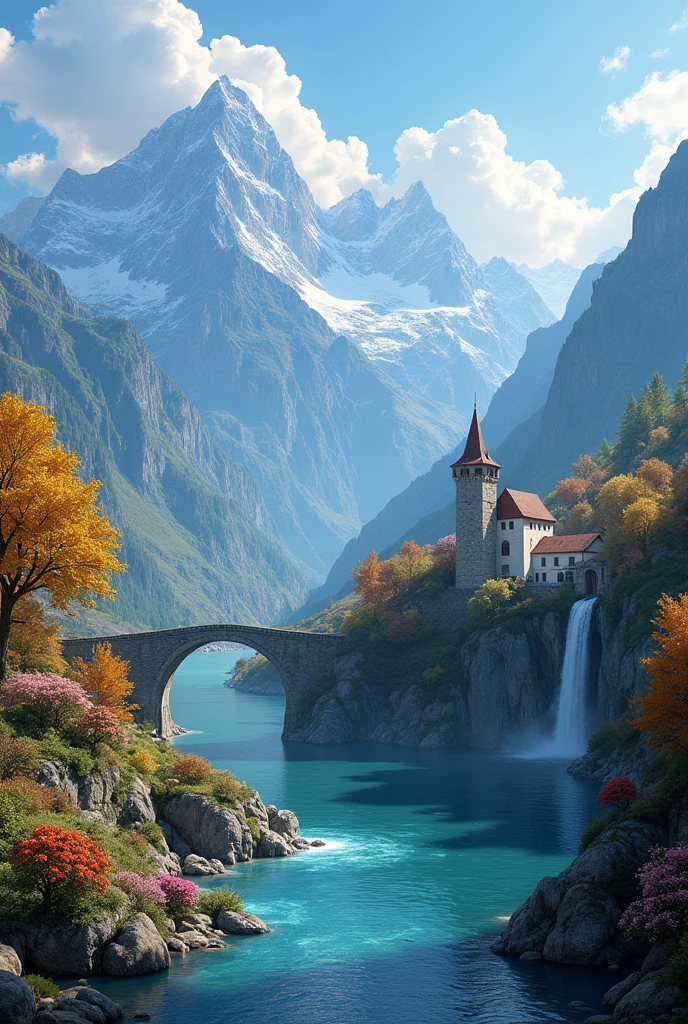 chef-d'œuvre, Meilleure qualité, Haute qualité, extrêmement détaillé CG unit 8k Wall Paper, voiture, Extérieur, Ciel, nuage, jour, grand tour médiéval, pas d'humains, montagne, paysage, eau, arbre, Blue Ciel, eaufall, falaise, nature, Lac, rivière, village, automne, nuageux Ciel, fleurs multicolores, photographie primée, bokeh, profondeur de champ, HDR, floraison, aberration chromatique, Photoréaliste, extrêmement détaillé, tendance sur Arti station, tendance sur CGsociety, Complexe, Détails élevés, Spectaculaire, art à mi-parcours