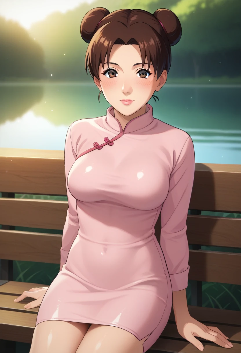 score_9,score_8_up,score_7_up,score_6_up,score_5_up,score_4_up BREAK skinny, medium breasts ,shiny skin,bokeh,bloom,light particles, outdoors, river,1girl, clear eyes, Tenten, brown hair with two buns, brown eyes, medium lips, pink lips, mature female, ((perfect model body)), blush, ((pink Chinese tight dress)), seductive pose, sitting on the bench and touching lips with her finger