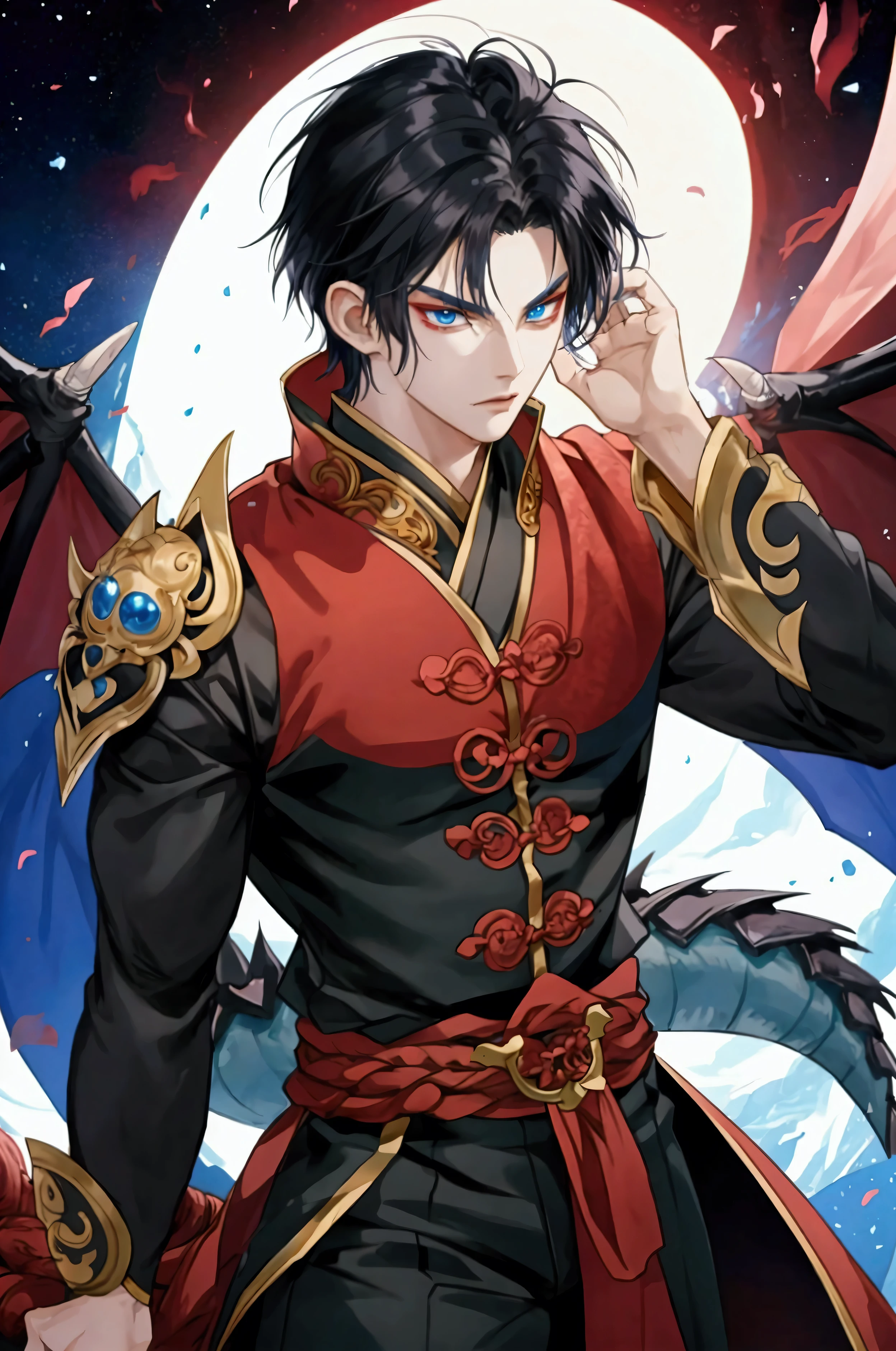 black hair, Dragonman, tao, blue eyes, epic, warrior, Anime Style