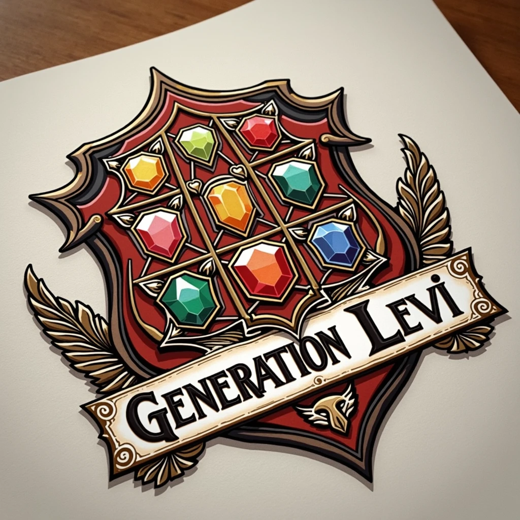 I want a logo for a team called Generation Levi. It needs to be something like a coat of arms with 12 colorful gemstones. Create something with a medieval tone. It's a Christian logo.