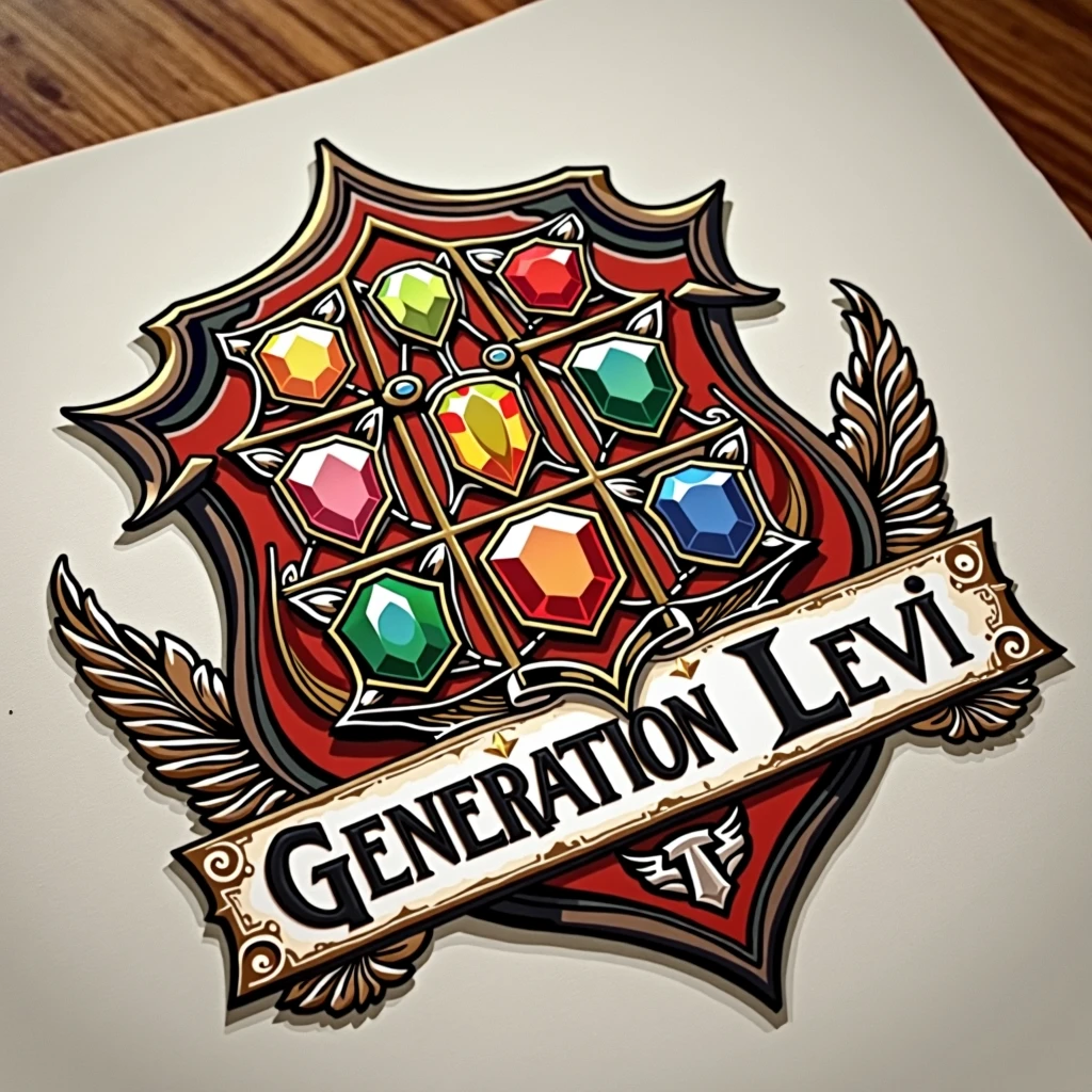 I want a logo for a team called Generation Levi. It needs to be something like a coat of arms with 12 colorful gemstones. Create something with a medieval tone. It's a Christian logo.
