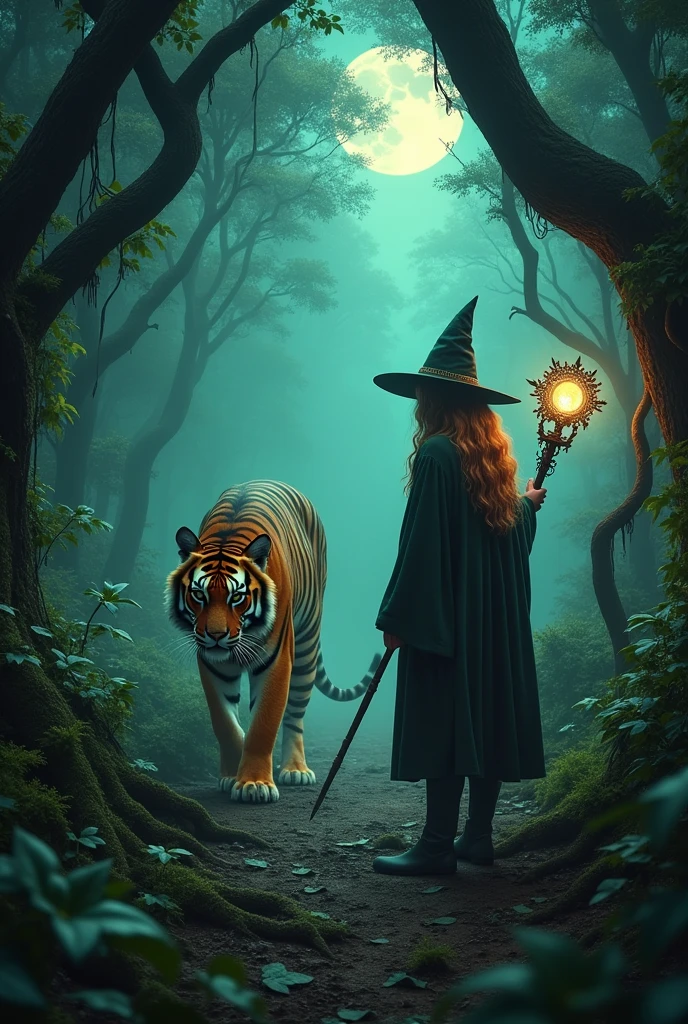 A haunted jungle with a tiger and a witch who were looking for a gem illustrated image