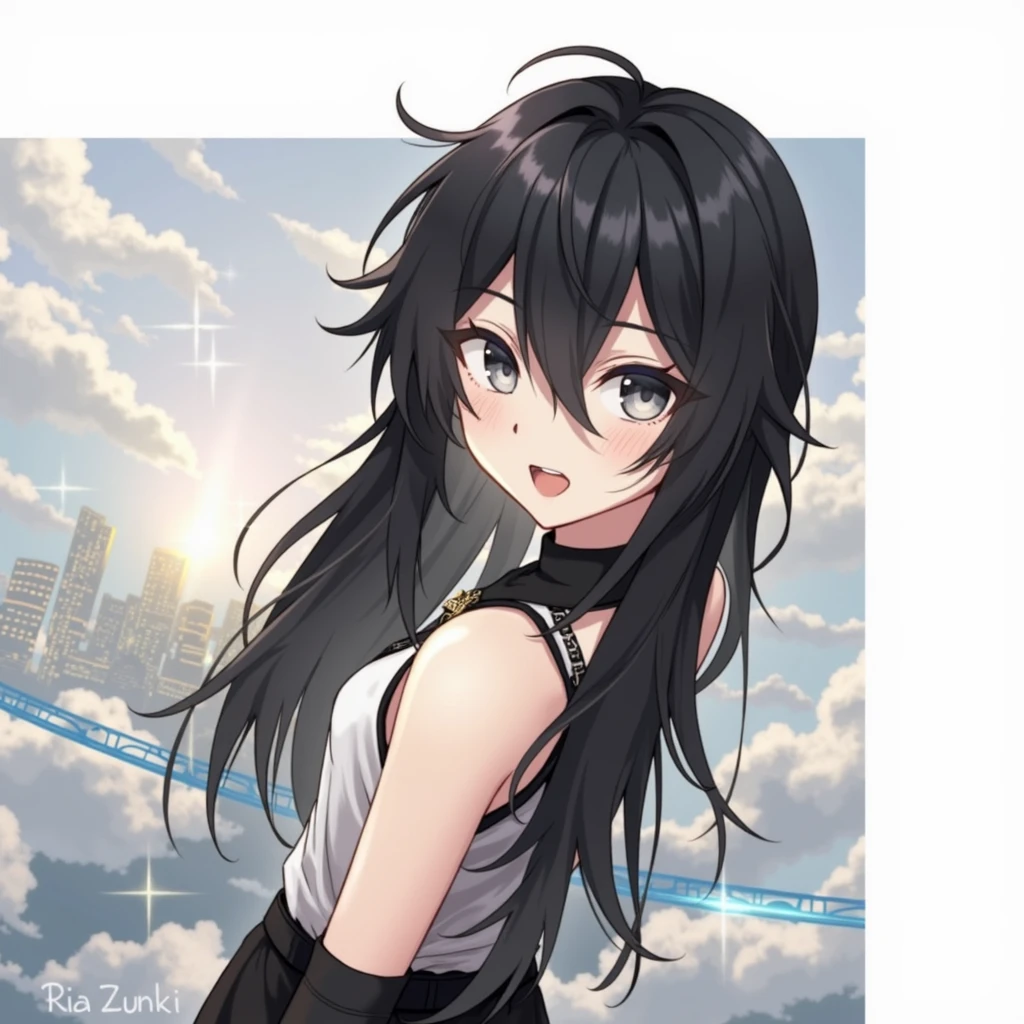 A guy with long black hair, with grey eyes, in a black shirt,black trousers, Beautiful face, beautiful body,, anime art, masterpiece, realistically