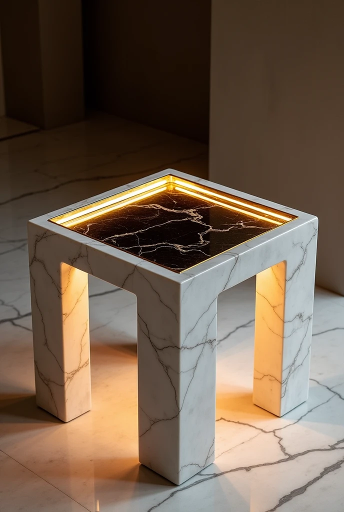 A small square table with four legs made of white marble natural stone. The sides are made of marble, and in the middle of the table there is an empty space filled with blackish transparent glass, surrounded by elegant golden frames.. Inside the table, there is warm gold LED lighting, creating an attractive glow that reflects through the dark glass and gold frames.. The top of the table is covered with blackish clear glass for a modern and luxurious touch, making it an ideal piece for a guest lounge.