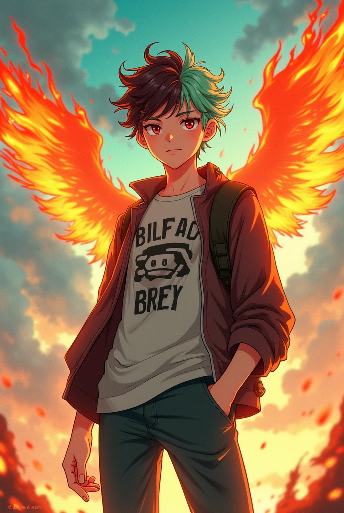 A age anime boy who's 5'9 and has fair skin with his hair half maroon and half mint on each side of his face and sand coloured eyes wearing pants,a t-shirt and a jacket with two right ear piercing and with big fire  wings and a ghost spirit behind him