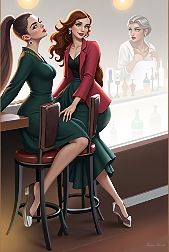 Three women waiting at the bar counter、shopkeeper、