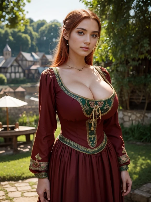 Gorgeous and busty (thin, slim, petite), young peasant girl wearing a green medieval dress, long sleeves, intricate patterns, embroidery, wide neck, long dress, fitted dress, tight bodice, medieval jewelry, Middle Ages, fantasy medieval, outdoors, fantasy village in the distance, huge breasts, youthful and baby-faced, 18 years old, bright red hair, scheele's green dress