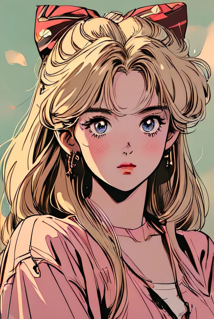 a beautiful anime girl with long blonde hair and a red bow, wearing a shirt, (best quality,4k,8k,highres,masterpiece:1.2),ultra-detailed,(realistic,photorealistic,photo-realistic:1.37),retro anime style, 80s anime art, beautiful detailed eyes,beautiful detailed lips,extremely detailed eyes and face,longeyelashes,detailed anime portrait,intricate details,vivid colors,warm lighting,cinematic composition