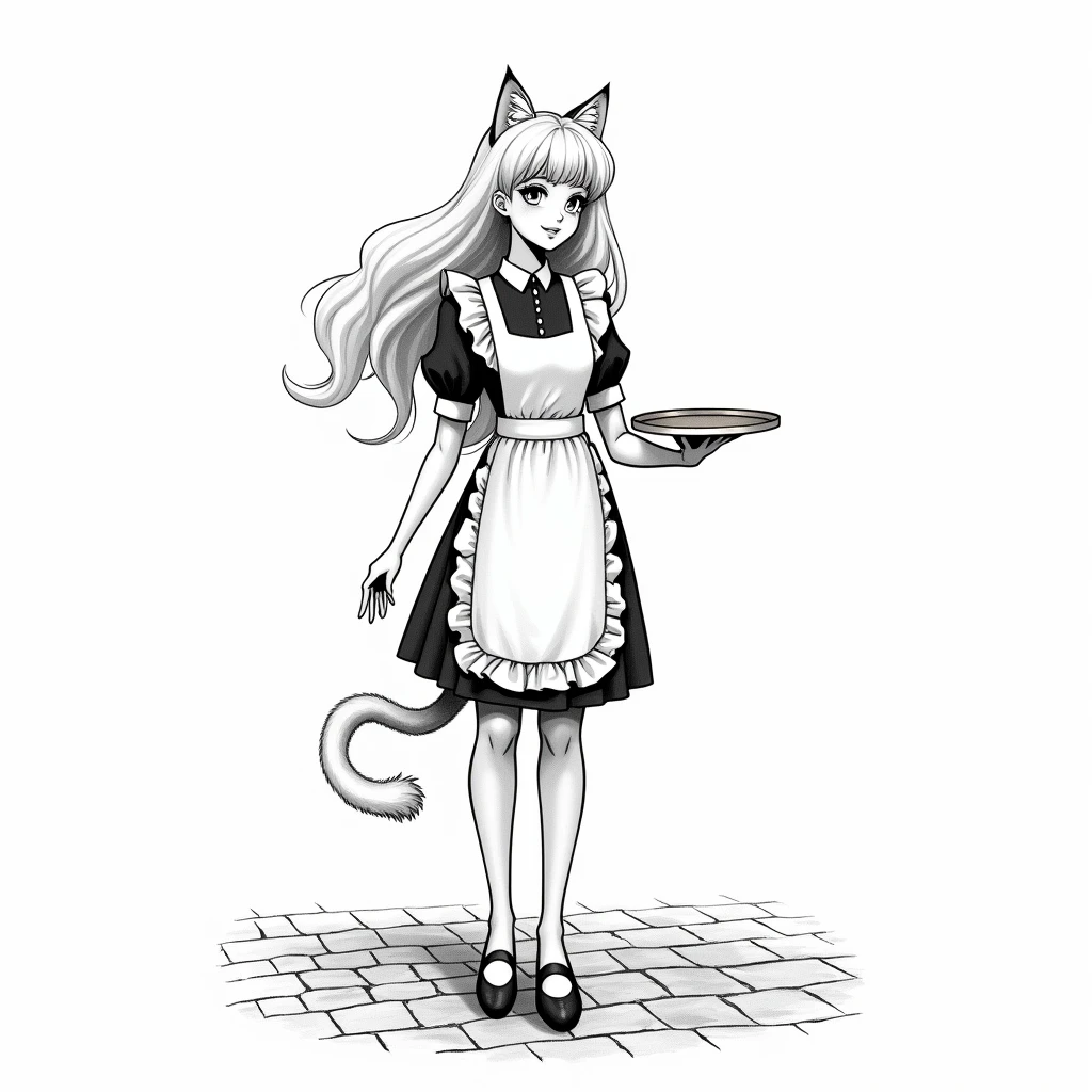 Jacques prevert black and white illustration art, illustration of a beautiful girl, an adult body, detail face, blond hair, cat ears, cat fluffy tail, tray in hand, maid suit, line draw, brick floor, white simple background, --ar 2:3 --stylize 50