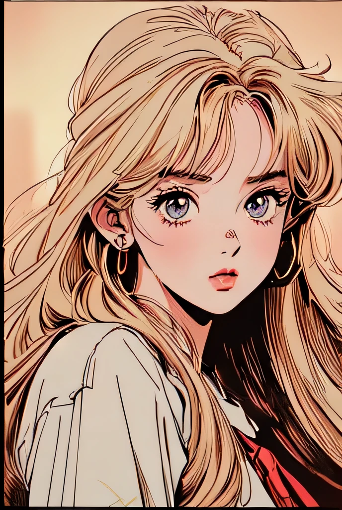 a beautiful anime girl with long blonde hair and a red bow, wearing a shirt, (best quality,4k,8k,highres,masterpiece:1.2),ultra-detailed,(realistic,photorealistic,photo-realistic:1.37),retro anime style, 80s anime art, beautiful detailed eyes,beautiful detailed lips,extremely detailed eyes and face,longeyelashes,detailed anime portrait,intricate details,vivid colors,warm lighting,cinematic composition