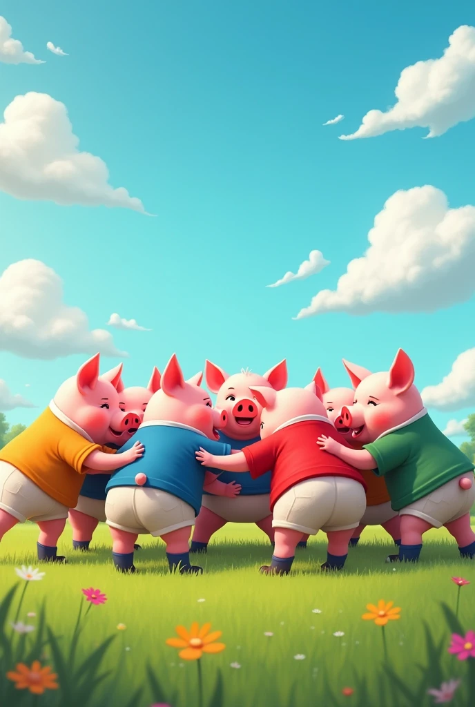 Create an image of eight pigs in a rugby scrum (in rugby clothes)