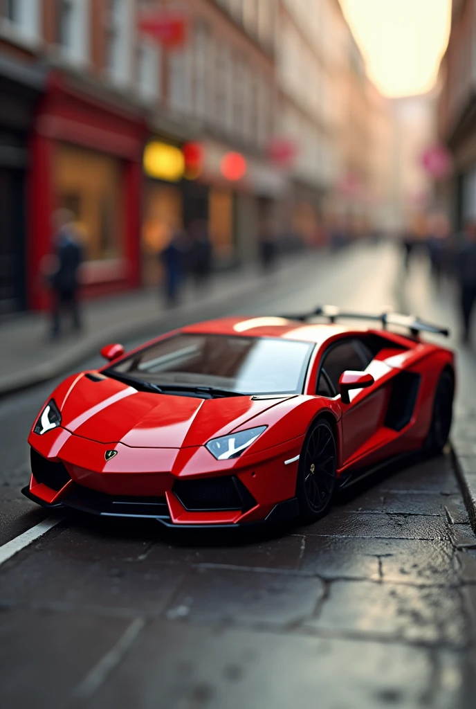 ((masterpiece,top quality,top quality)),Plastic model Lamborghini sports car,red color,Streets of England,Isometric 3D diorama,glossy paint,soft lighting