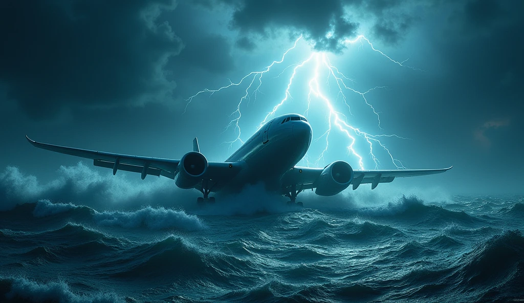 Make a hyper realistic picture Bermuda Triangle.  Where nature is terrifying, thunderous lightning in the sky, turbulent sea water, a large plane being dragged into the water.